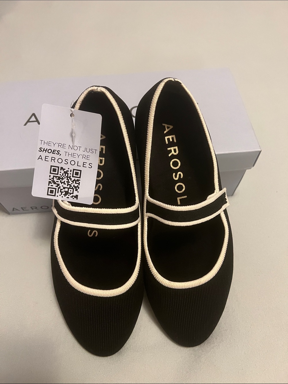 AEROSOLES Black Mary Jane Flats with Cream Trim